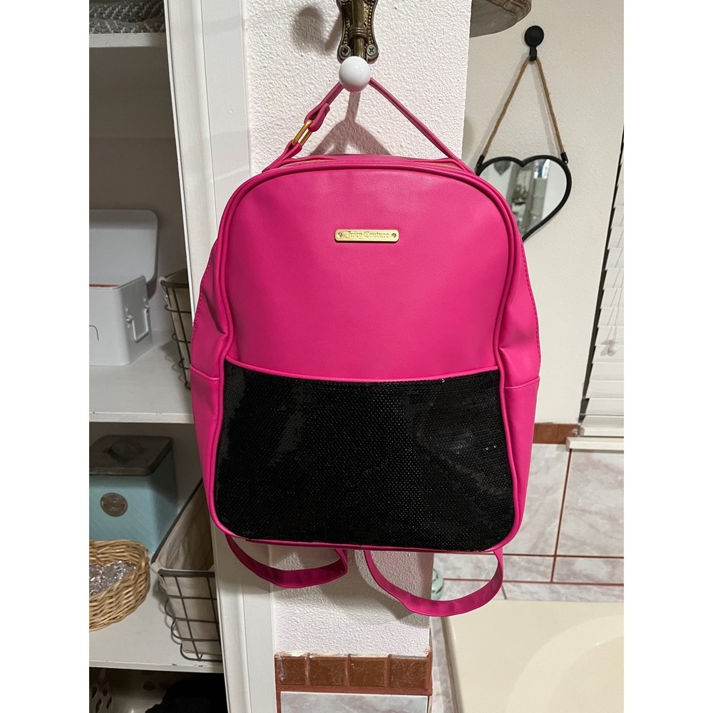 Juicy Couture Hot Pink Faux Leather Backpack Black Sequin Front Pocket Gold Logo